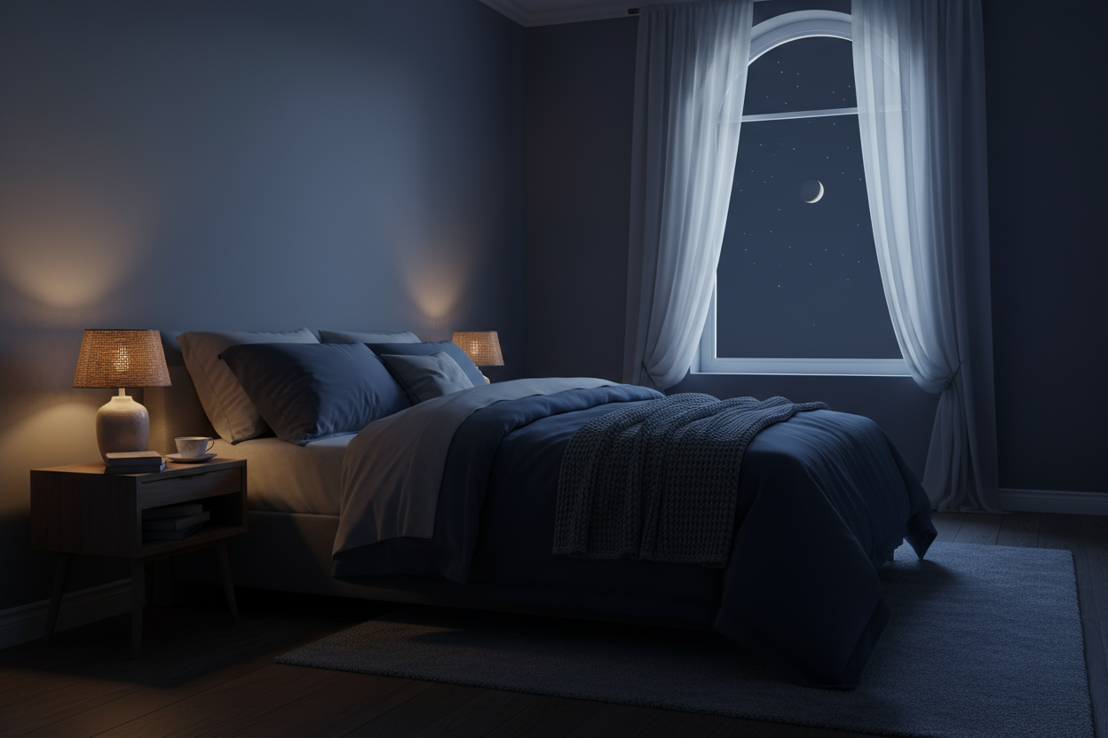 Create a calm, cinematic night-time bedroom scene in landscape format (1280x720). The room should feel safe, quiet, and restful. Show a neatly made bed with soft bedding in deep navy and muted gray-blue tones. Warm, low light from a small bedside lamp should glow gently on the nightstand, while the rest of the room stays in cool, dark blue moonlight. Through a window in the background, show a clear night sky with a crescent moon and a few subtle stars. The style should feel realistic and soothing, not carto